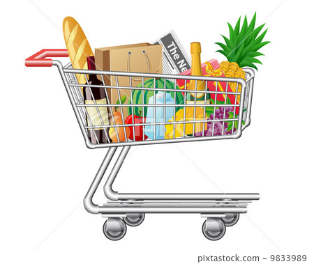 shopping cart with purchases and foods 9833989