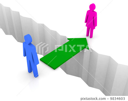 Bridge from man to woman through separation crack. Concept 3D illustration. 9834603
