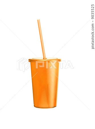 Orange plastic glass with tubule on a white background 9835525