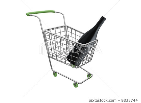 shopping cart with big wine bottle isolated on white background 9835744