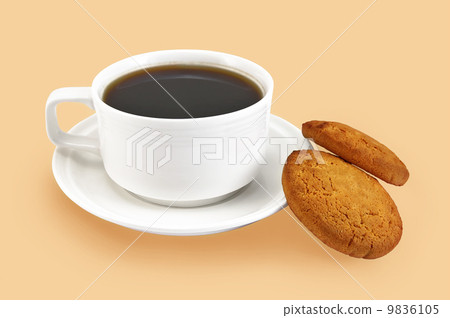 White cup with coffee and biscuits White cup with coffee and biscuits 9836105