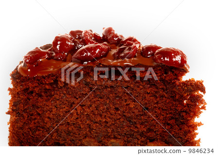 Piece of chocolate cake with icing and cherry Piece of chocolate cake with icing and cherry 9846234