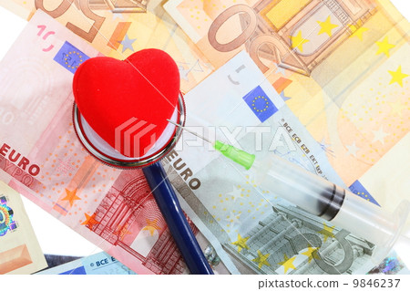 cost of health care: stethoscope red heart on euro money cost of health care: stethoscope red heart on euro money 9846237