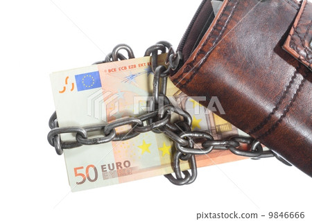 End of personal spending. Purse euro banknote in chain End of personal spending. Purse euro banknote in chain 9846666