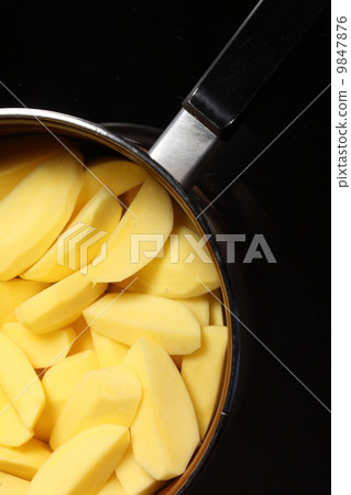 Raw peeled potatoes in pan Raw peeled potatoes in pan 9847876