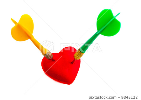 Valentines day. Red heart love symbol with two darts. Competition. 9848122
