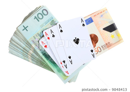 Gambling concept. Playing cards aces and money 9848413