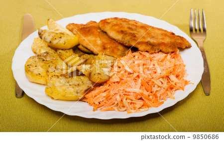 Dinner meal. Fried chicken roasted potatos and carrot salad. Dinner meal. Fried chicken roasted potatos and carrot salad. 9850686