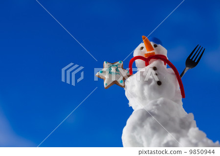 Little happy christmas snowman with cookie star outdoor. Winter season. 9850944
