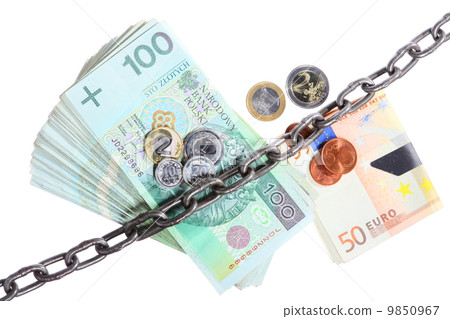 Polish and euro currency with chain for security investment 9850967