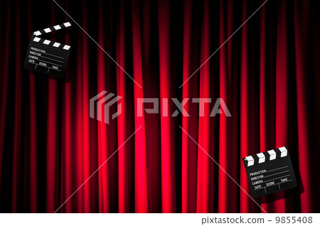 Movie clapper board against curtain 9855408