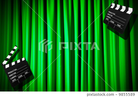 Movie clapper board against curtain 9855589
