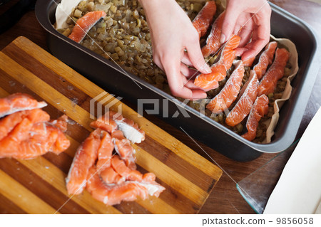 Closeup of cooking fish pie with salmon Closeup of cooking fish pie with salmon 9856058