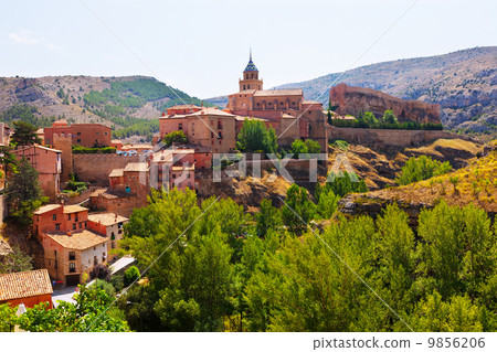 Summer view of mountains town in Aragon 9856206