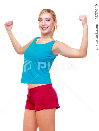 Sport woman fitness girl showing her muscles. Power and energy. Isolated. 9857649