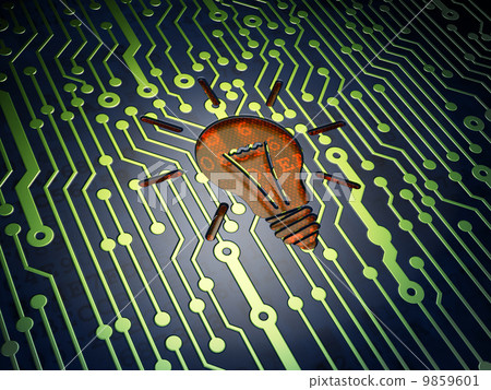 Business concept: Light Bulb on circuit board background 9859601