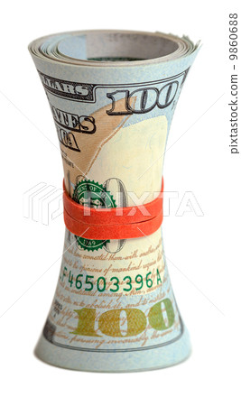 Roll of US dollar wrapped by rubber isolated on white background 9860688