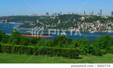 從博斯普魯斯海峽和Rumeli Hisar Citadel的亞洲一側觀看 從博斯普魯斯海峽和Rumeli Hisar Citadel的亞洲一側觀看 9860734