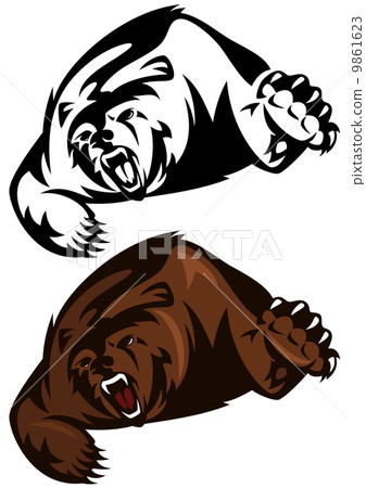 angry brown bear attacking - furious wild animal - black and white outline and color design 9861623
