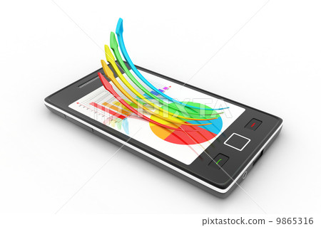 Smart phone showing a growth graph and a pie chart Smart phone showing a growth graph and a pie chart 9865316