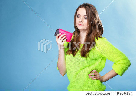 Happy girl with mobile phone in pink cover 9866184