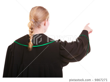 Woman polish lawyer back view pointing direction with finger 9867271