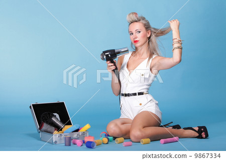 pin up girl retro style portrait woman drying hair pin up girl retro style portrait woman drying hair 9867334