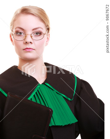 Portrait woman lawyer attorney in classic polish black green gown Portrait woman lawyer attorney in classic polish black green gown 9867672