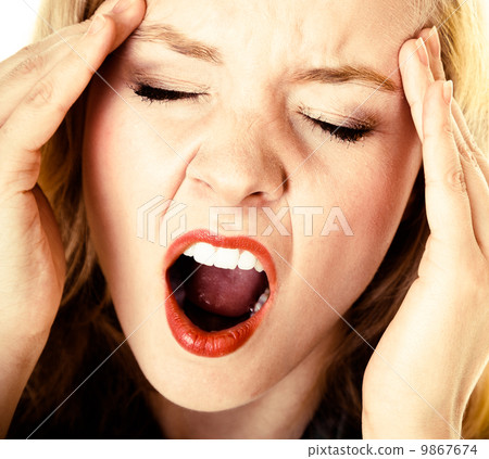 Business woman headache pain screaming shouting. Stress in work. Business woman headache pain screaming shouting. Stress in work. 9867674