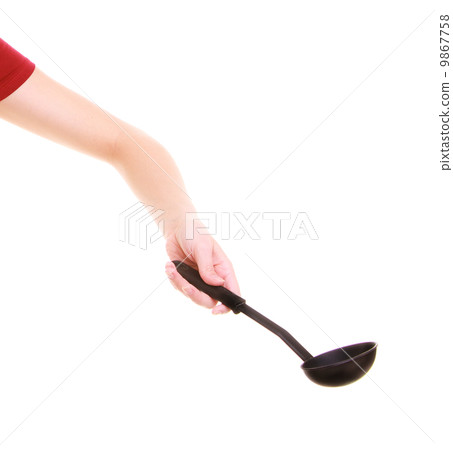 Female hand with black ladle. Housewife in kitchen. Female hand with black ladle. Housewife in kitchen. 9867758