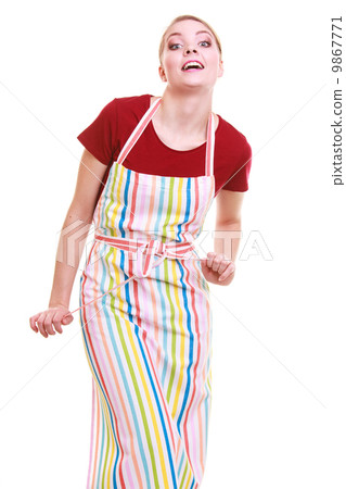 Funny housewife or barista wearing kitchen apron isolated Funny housewife or barista wearing kitchen apron isolated 9867771