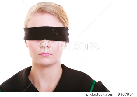 Lawyer attorney in classic polish gown covering eyes with blindfold Lawyer attorney in classic polish gown covering eyes with blindfold 9867994