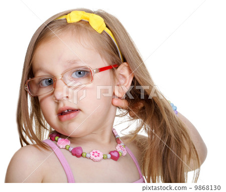Portrait cute little girl in glasses isolated 9868130