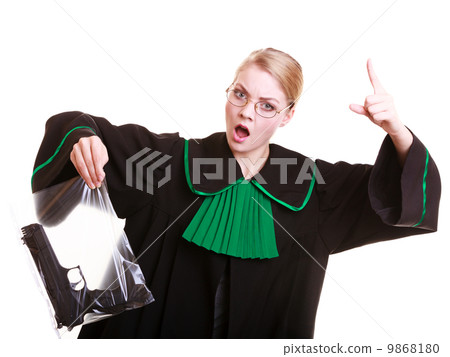 Woman lawyer holds bag with gun marked evidence of crime 9868180