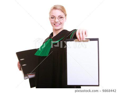 Woman lawyer attorney in classic polish gown holds clipboard blank sign Woman lawyer attorney in classic polish gown holds clipboard blank sign 9868442