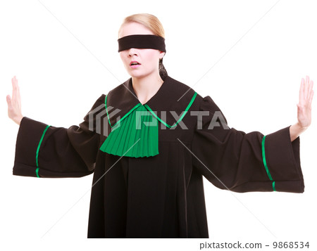 Woman lawyer attorney in polish black green gown with blindfold 9868534