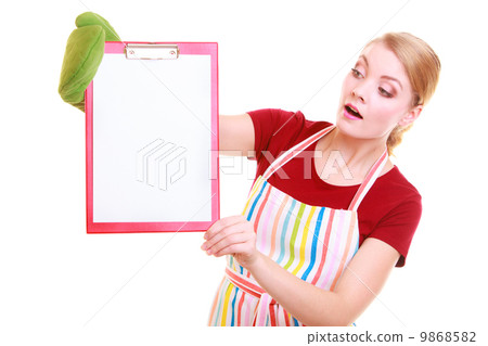 housewife or barista in kitchen apron holds clipboard with empty blank isolated 9868582