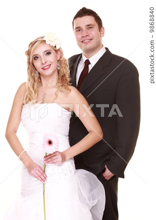 Portrait of happy bride and groom on white background Portrait of happy bride and groom on white background 9868840