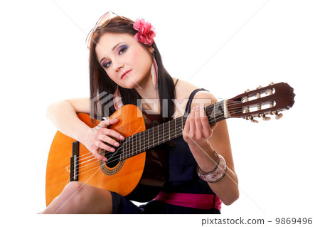 summer girl with guitar on white background 9869496