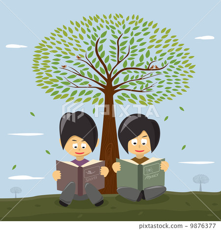 Cute small girls reading a book under the big tree. 9876377