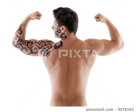 Image of muscular naked man posing back to camera Image of muscular naked man posing back to camera 9876565