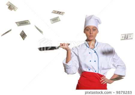 woman-cook frying pan catches money woman-cook frying pan catches money 9878283