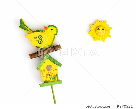Yellow bird with birdhouse and sun Yellow bird with birdhouse and sun 9878521