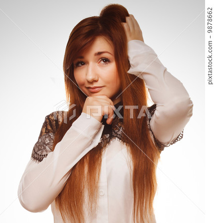 brunette woman shows girl positive sign thumbs yes, isolated emo brunette woman shows girl positive sign thumbs yes, isolated emo 9878662