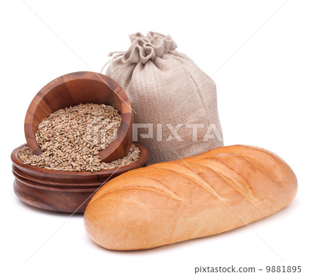 Bread, flour sack and grain isolated on white background cutout 9881895