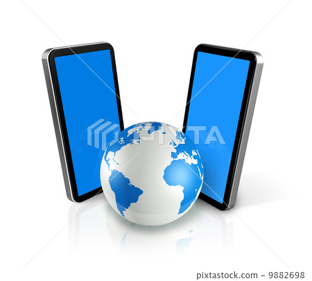 two mobile phones around a world globe two mobile phones around a world globe 9882698