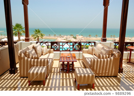 Sea view terrace at luxury hotel, Ras Al Khaimah, UAE Sea view terrace at luxury hotel, Ras Al Khaimah, UAE 9889296