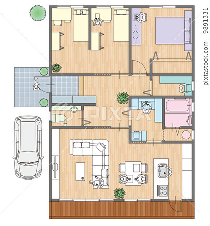 獨立式住宅的平面圖和家具的佈置 9891331