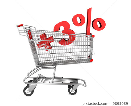 shopping cart with plus 3 percent sign isolated on white backgro 9893089