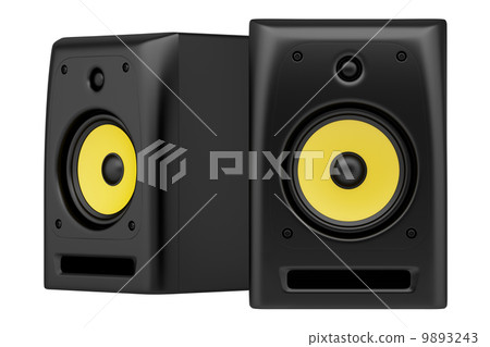two black audio speakers isolated on white background 9893243